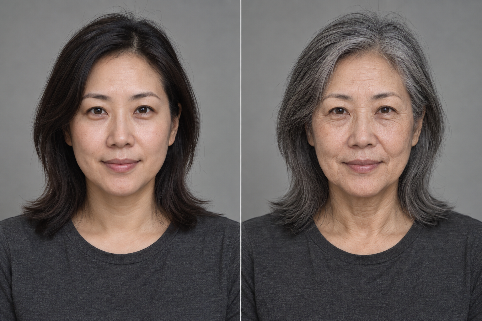 AI-created fictional adult shown before and after an illustrative aging transformation